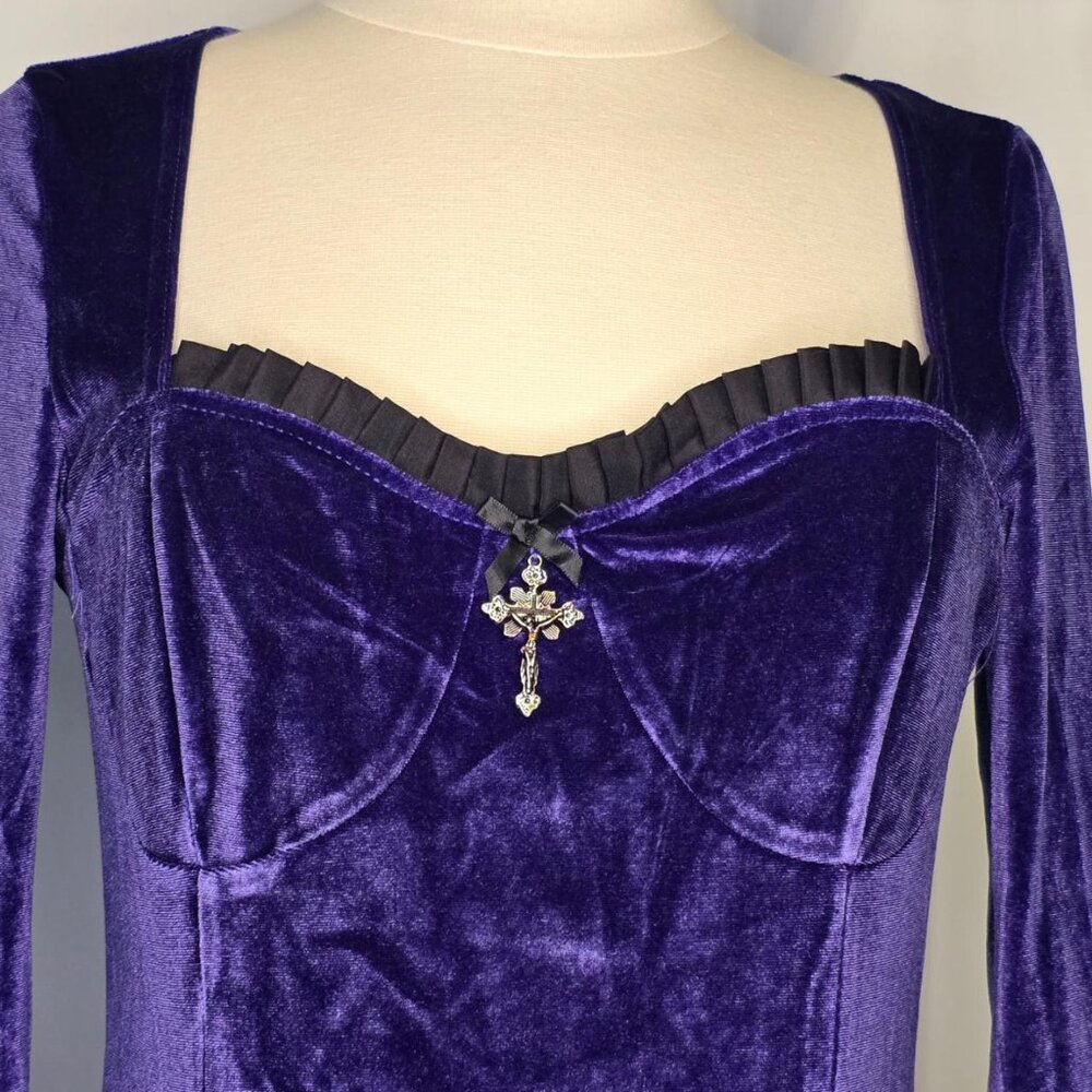 WhimsiGoth Purple Velvet Mini Dress w/ Lace Trim & Cross Pendant – Large - Picture 2 of 8